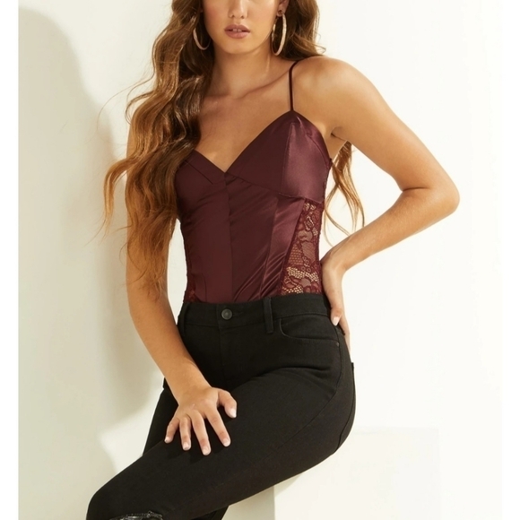 GUESS Lory Mix Bodysuit Sz. XS Cherry Wood* Final Sale!* - Picture 2 of 10